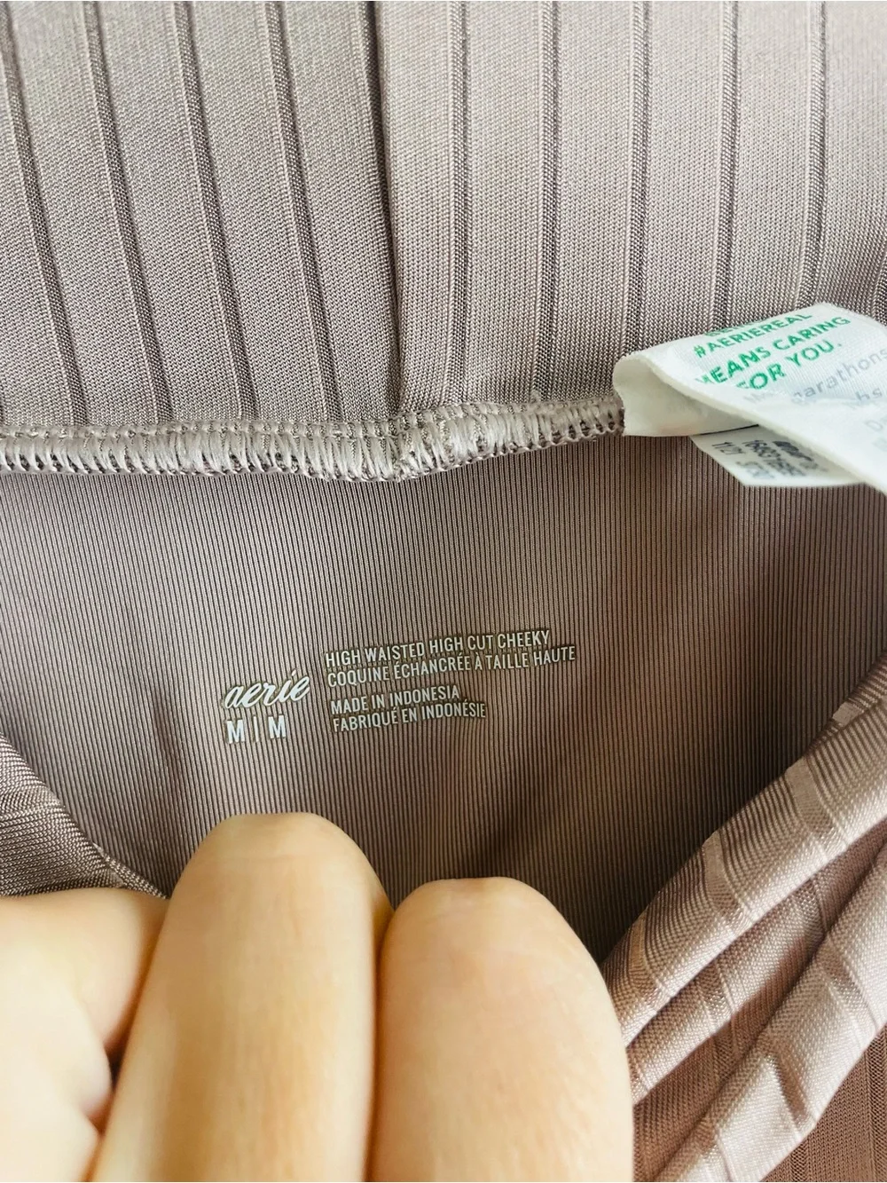 Aerie High Waisted High Cut Cheeky Bikini Bottom M Mauve Ribbed Crossover